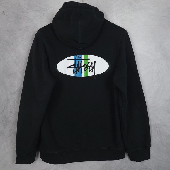 Stussy Other - Stussy Hoodie Mens Large Black Oval Logo Fleece Pullover Graphic Back Hit